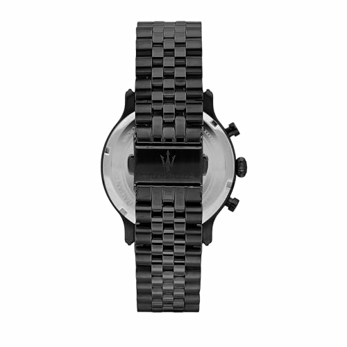 Dos d'une montre en métal noir avec bracelet à maillons.