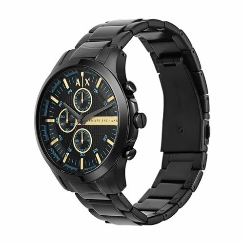 Montre noire élégante avec cadran chronographe.