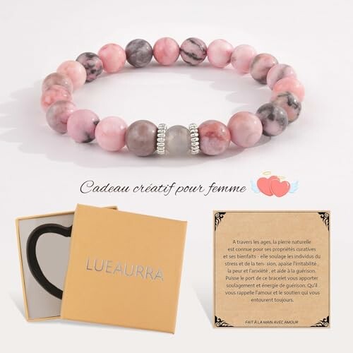 Bracelet en pierre naturelle rose avec boîte cadeau.