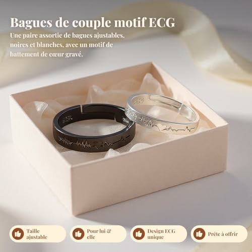 Bagues de couple noires et blanches avec motif ECG.