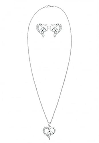 Collier et boucles d'oreilles en forme de cœur avec pierres brillantes.
