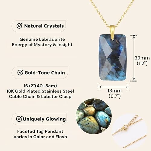 Collier en labradorite avec chaîne dorée et détails de dimensions.