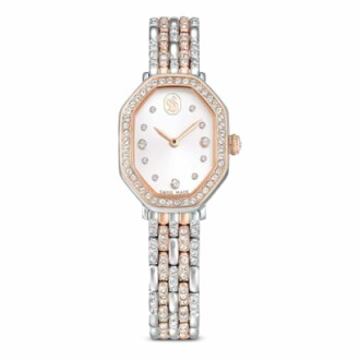 Montre de luxe ornée de diamants avec bracelet en métal bicolore.