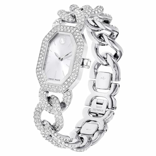 Montre en argent avec diamants et bracelet en chaîne.