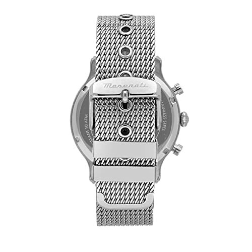 Vue arrière d'une montre Maserati argentée avec bracelet en maille.