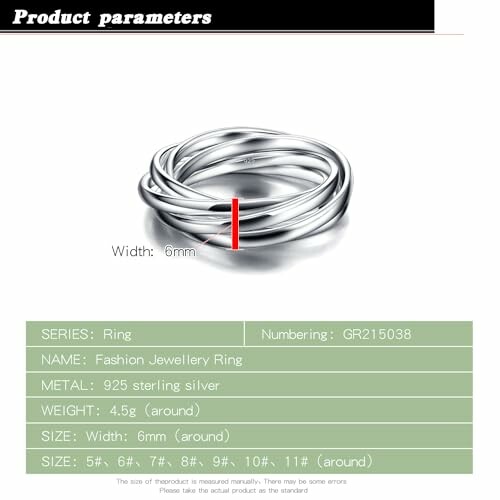 Bague en argent sterling avec largeur de 6 mm