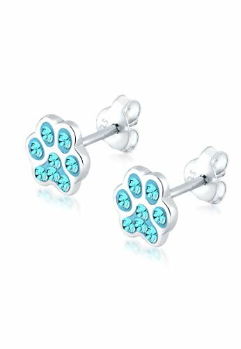 Boucles d'oreilles argentées en forme de patte avec pierres bleues.