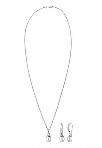 Collier en argent avec pendentif perle et boucles d'oreilles assorties.