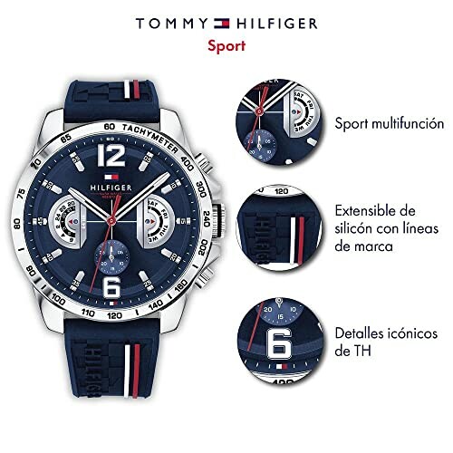 Montre sport Tommy Hilfiger avec bracelet en silicone et détails iconiques.